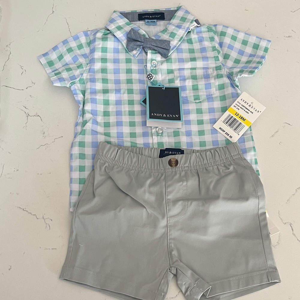 Andy & Evan Blue and Green Plaid Shirt with Gray Shorts set 12-18M